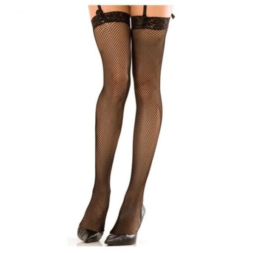 Lace Top Fishnet Thigh High Stockings Black O S