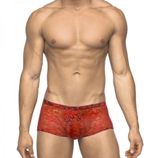 Male Power Stretch Lace Mini Short Red X Large