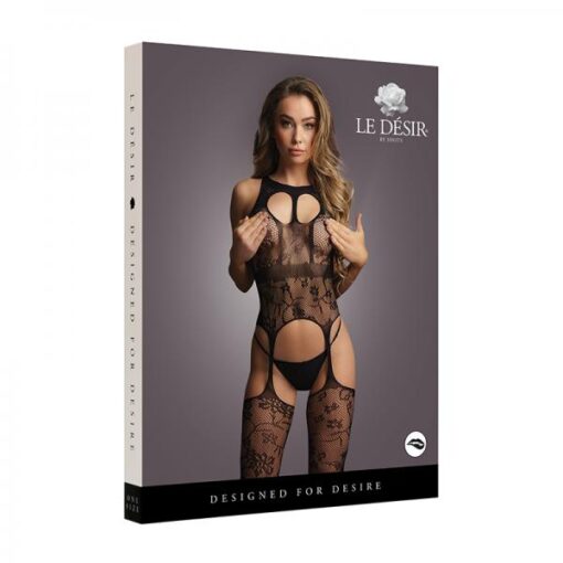 Shots Le Desir Lace Suspender Bodystocking With Round Neck Black O S