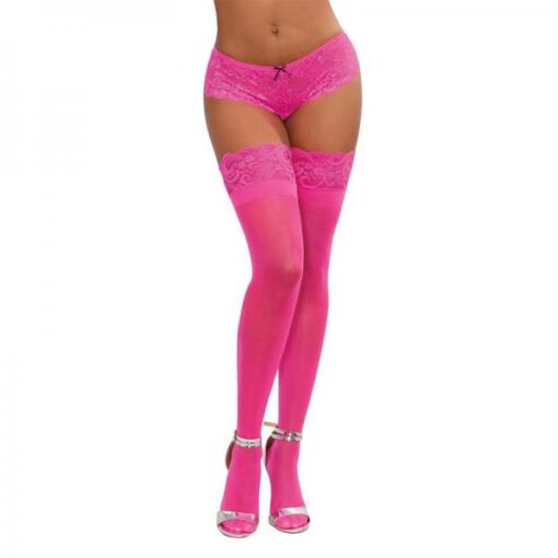 Dreamgirl Neon Pink Sheer Thigh High Stockings With Silicone Lace Top Pink Os