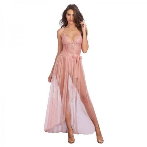 Dreamgirl Stretch Lace Teddy Sheer Mesh Maxi Skirt With Adjustable Straps G String Rose Xl Hangi