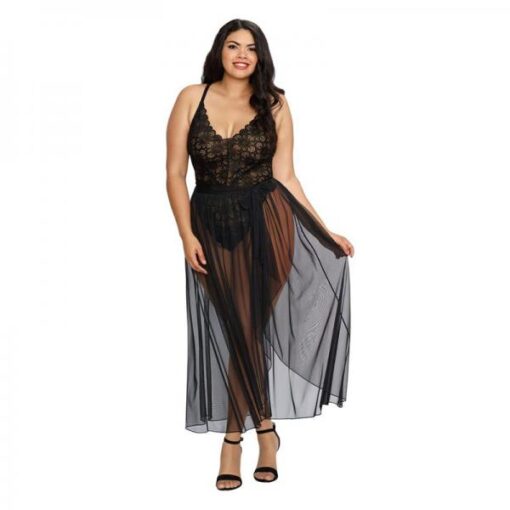 Dreamgirl Plus Size Stretch Lace Teddy Sheer Mesh Maxi Skirt With Adjustable Straps G String Bla