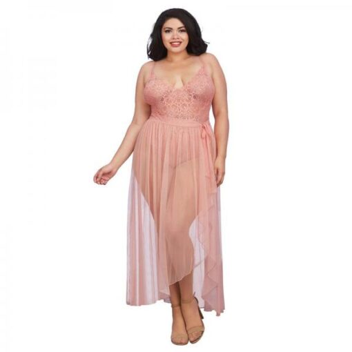 Dreamgirl Plus Size Stretch Lace Teddy Sheer Mesh Maxi Skirt With Adjustable Straps G String Ros