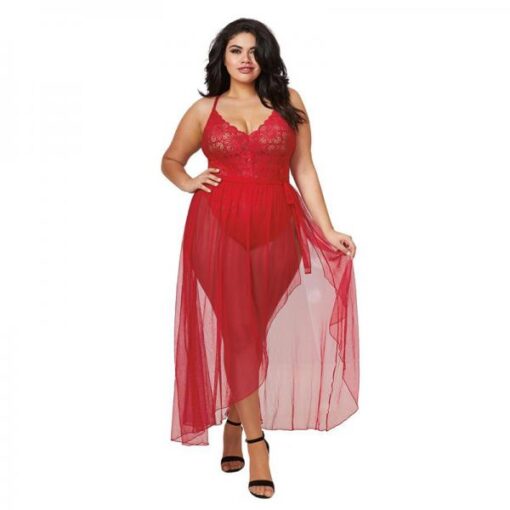 Dreamgirl Plus Size Stretch Lace Teddy Sheer Mesh Maxi Skirt With Adjustable Straps G String Rou