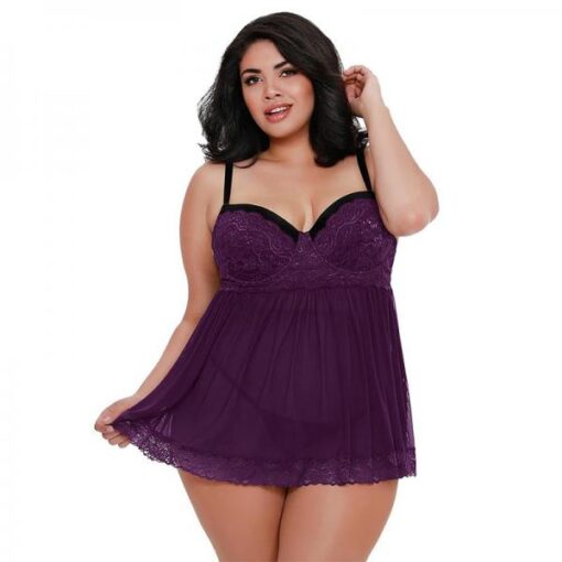 Dreamgirl Plus Size Stretch Mesh And Lace Babydoll With Underwire Push Up Cups G String And Lace O