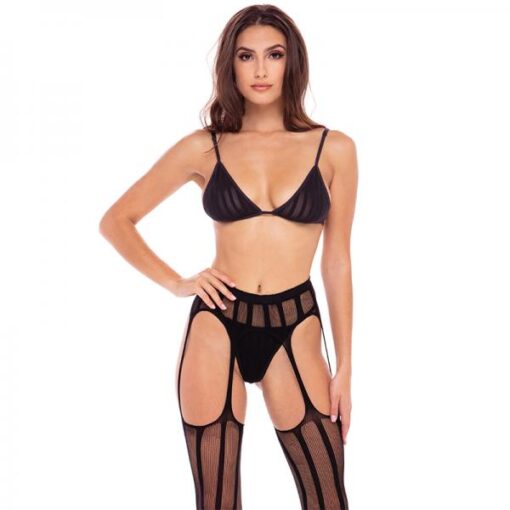 Straight Up 3 Piece Sheer Striped Bra Thong And Garter Set Black