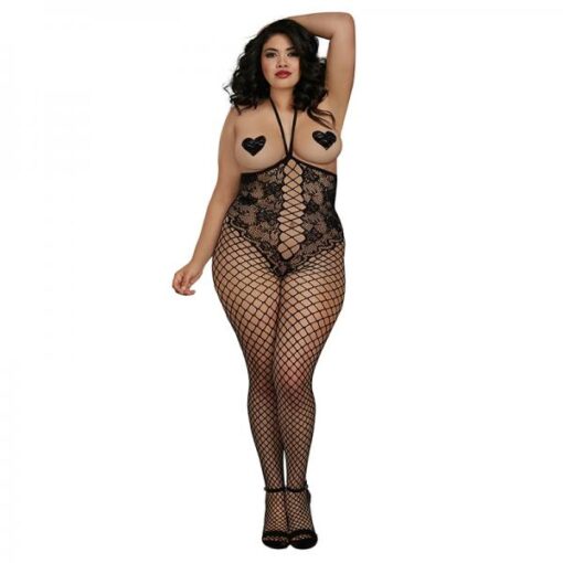 Dreamgirl Open Cup Bodystocking With Knitted Lace Teddy Design Fishnet Legs Open Crotch And Adjust