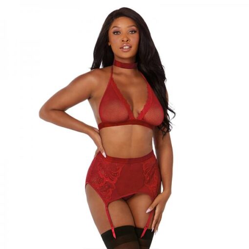 Dreamgirl Fishnet And Lace Four Piece Set With Stretch Velvet Trim Accents Garnet Os