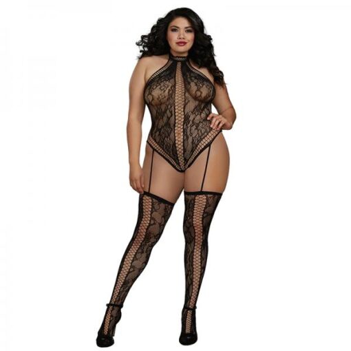 Dreamgirl Lace Teddy Bodystocking With Criss Cross Details And Halter Neckline With Snap Neck Closur