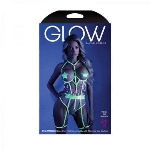 Glow In A Trance Floral Embroidered Open Cup Crotchless Teddy With Attached Leg Garters Neon Chartre