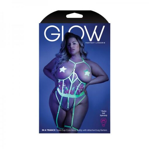 Glow In A Trance Floral Embroidered Open Cup Crotchless Teddy With Attached Leg Garters Neon Chartre