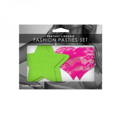 Neon Pasties 2 Pack Neon Green Solid Star Neon Pink Lace