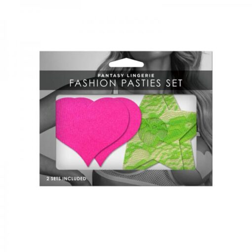 Neon Pasties 2 Pack Neon Pink Solid Heart Neon Green Lace Star