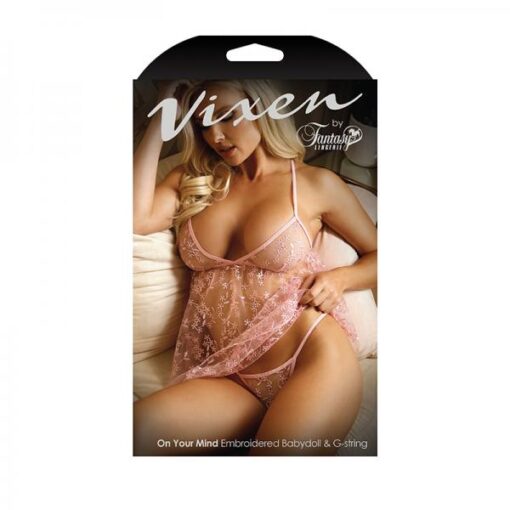 Vixen On Your Mind Embroidered Sheer Mesh Babydoll G String Panty Light Pink O S