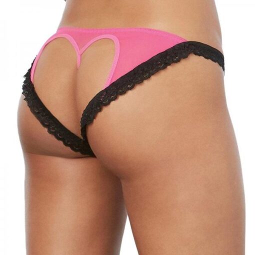 Dg Stretch Mesh Panty With Lace Ruffle Trim And Open Back Heart Detail Hot Pink Black