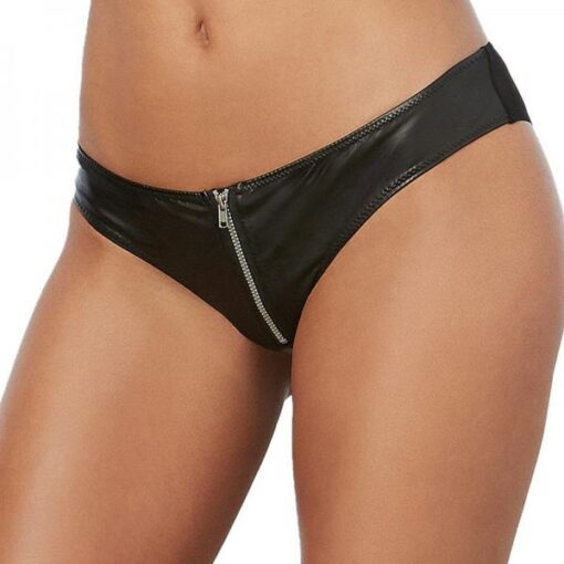 Dreamgirl Faux Leather Stretch Knit Cheeky Panty With Zipper Front And Stretch Mesh Back Black