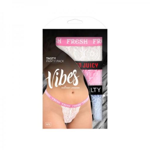 Fantasy Lingerie Vibes Tasty Vibes Pack 3 Piece Lace Thong Panty Set Blue Pink White O S