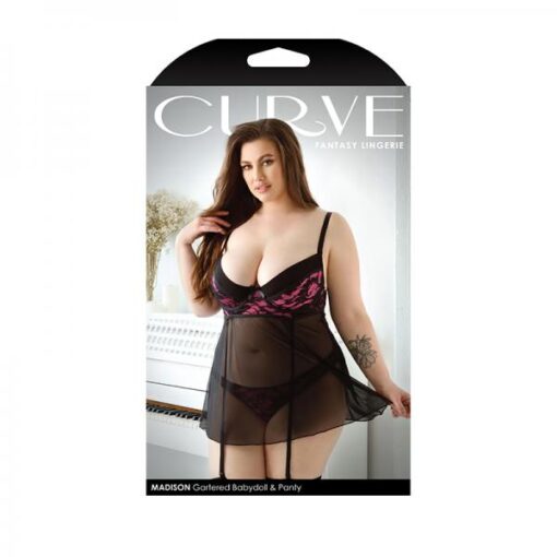 Curve Madison Gartered Lace And Mesh Babydoll With Underwire Cups Matching Panty 1x 2x Black Pink