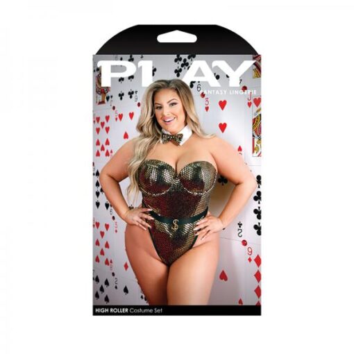 Play High Roller Costume Sequined Bodysuit With Molded Cups Snap Closure And Bowtie Collar G