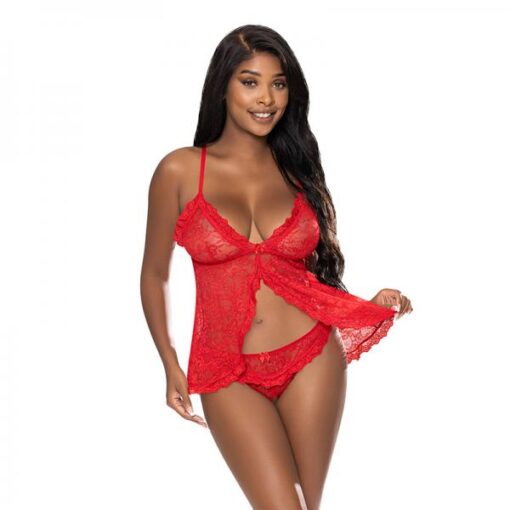 Magic Silk Ooh La Lace Babydoll Split Crotch Panty Set Red