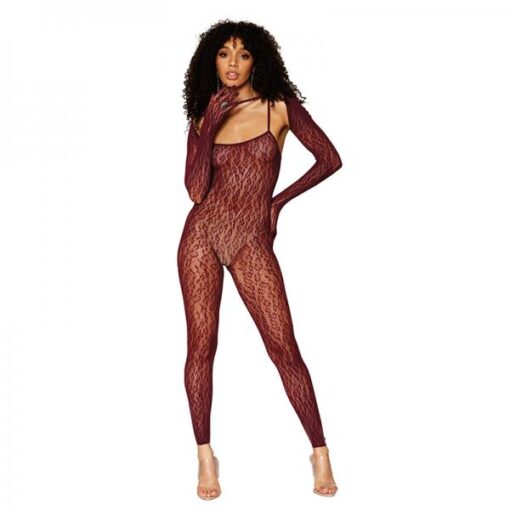 Dreamgirl Animal Print Fishnet Lace Bodystocking Shrug Burgundy O S