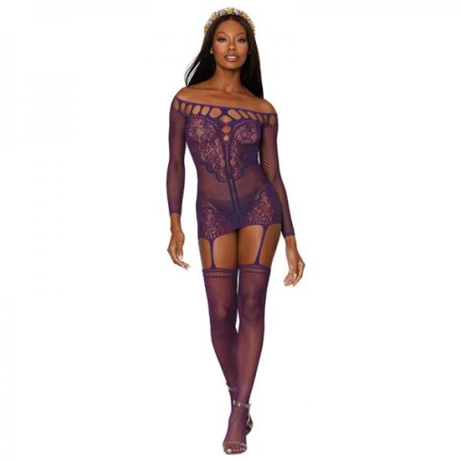 Dreamgirl Fishnet Lace Garter Dress With Attached Stockings Aubergine O S