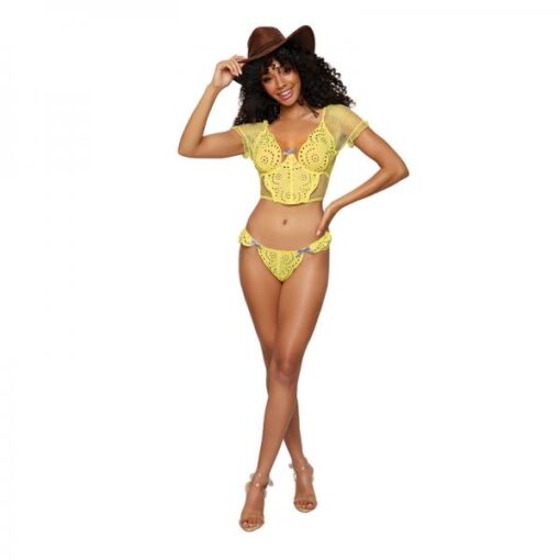 Dreamgirl Embroidered Eyelet Band And Stretch Fishnet Bustier And G String Set Citrus