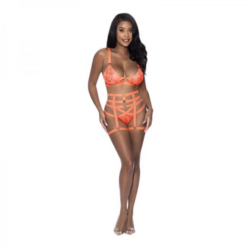 Magic Silk Rude Awakening Bralette Thigh High Garter Cheeky Panty Set Neon Orange