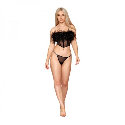 Dreamgirl Stretch Mesh Bustier With Removable Feather Trim And G String Set Black