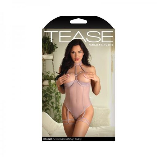 Fantasy Lingerie Tease Ronnie Caged Shelf Cup Teddy With Snap Closure Leg Garters Pale Mauve