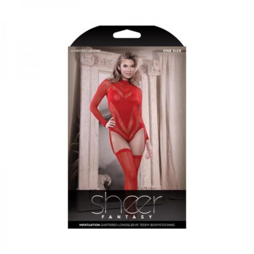 Fantasy Lingerie Sheer Infatuation Open Back Longsleeve Teddy Bodystocking Red