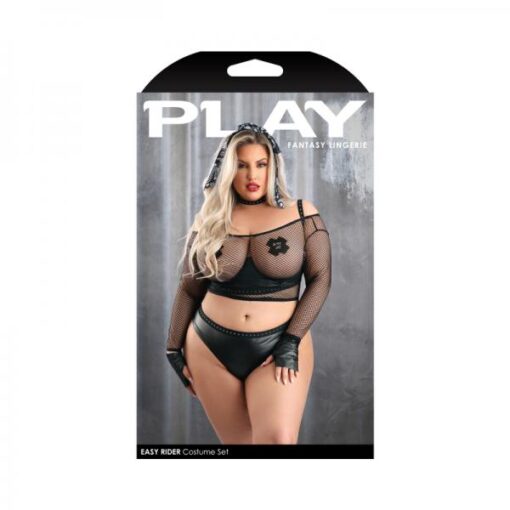 Fantasy Lingerie Play Easy Rider Open Cup Bra Long Sleeve Fishnet Top Panty Choker Gloves Banda