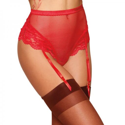 Dreamgirl High Waisted Fishnet And Lace Garter Thong With Satin Ribbon Back Tie Ruby M