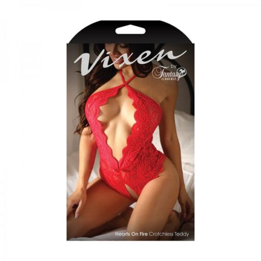 Fantasy Lingerie Vixen Hearts On Fire Crotchless Lace Teddy With Open Pearl Draped Back Red