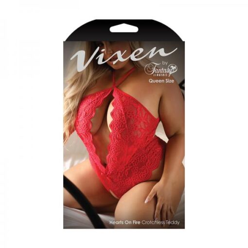 Fantasy Lingerie Vixen Hearts On Fire Crotchless Lace Teddy With Open Pearl Draped Back Red Queen Si