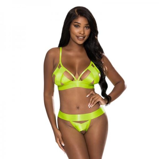 Strap Tease Bra Crotchless Panty Neon Yellow